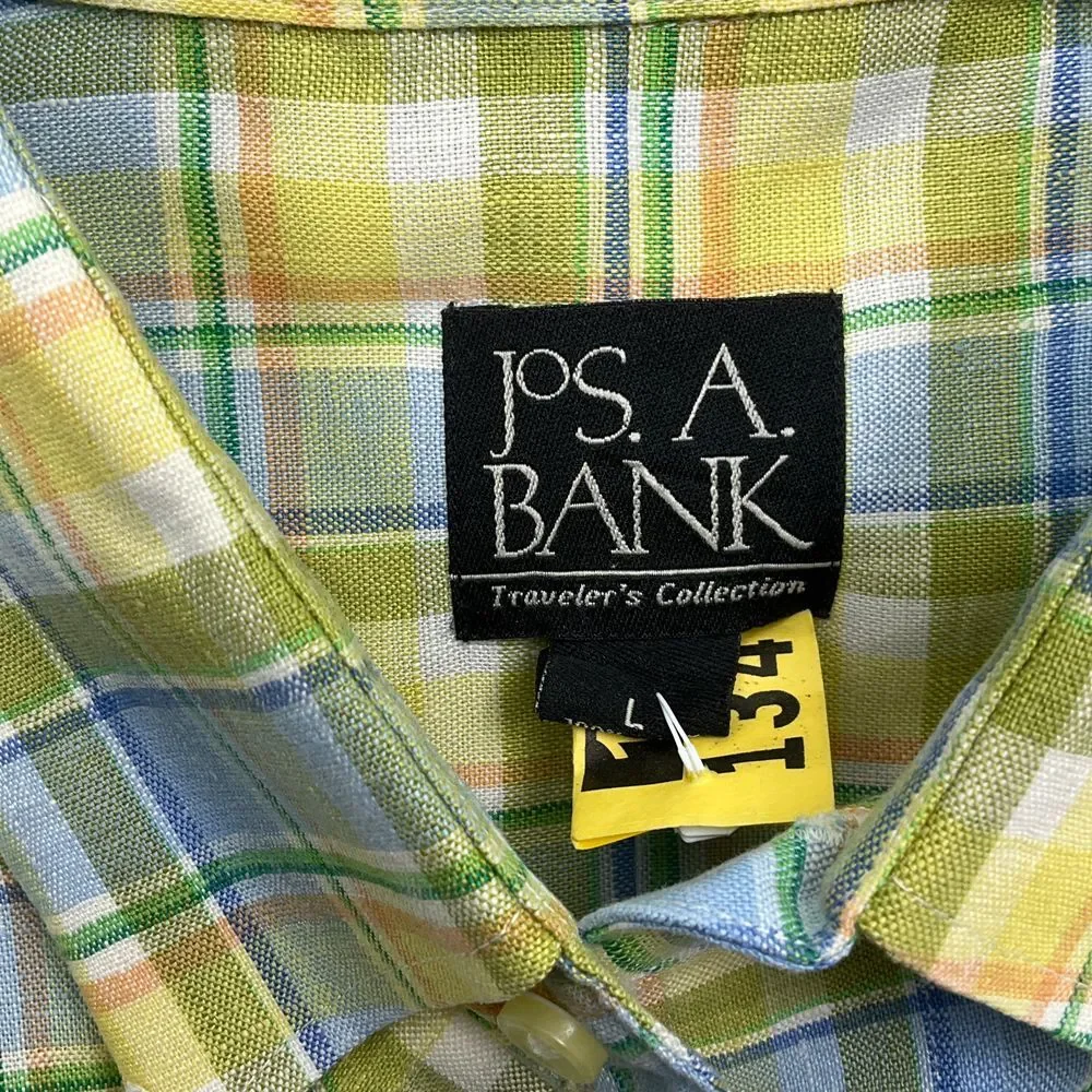 Jos A Banks Shirt‎ Men Large Yellow Green Blue Madras Plaid Linen Classic